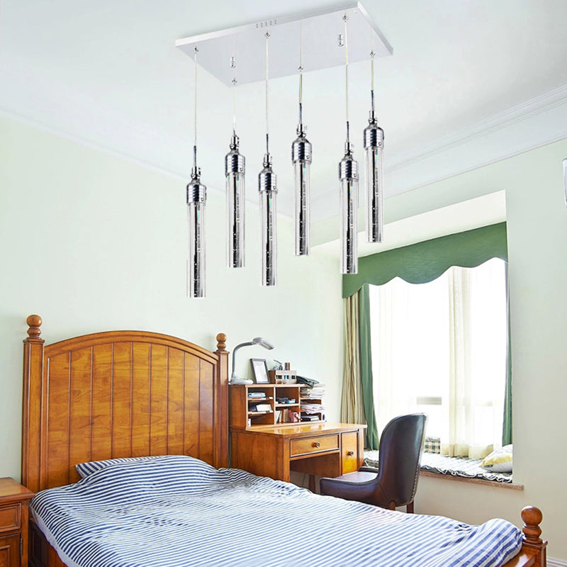 Tube Bedroom Cluster Pendant Crystal 6 Lights Contemporary Hanging Ceiling Light in Chrome, Warm/White Light Clearhalo 'Ceiling Lights' 'Modern Pendants' 'Modern' 'Pendant Lights' 'Pendants' Lighting' 272485