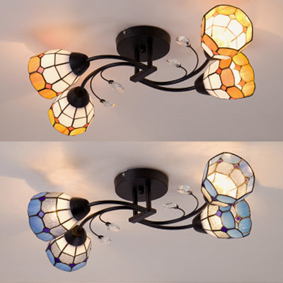 Stained Glass Bowl Semi Flush Light Tiffany Style 4 Heads Semi Flushmount in Blue/Orange for Bedroom Clearhalo 'Ceiling Lights' 'Close To Ceiling Lights' 'Close to ceiling' 'Glass shade' 'Glass' 'Semi-flushmount' 'Tiffany close to ceiling' 'Tiffany' Lighting' 27277