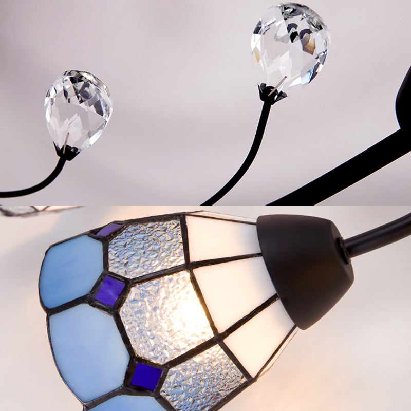 6 Lights Bowl Flush Light Tiffany Stained Glass Indoor Semi Flushmount for Living Room in Orange/Blue Clearhalo 'Ceiling Lights' 'Chandeliers' 'Close To Ceiling Lights' 'Close to ceiling' 'Glass shade' 'Glass' 'Semi-flushmount' 'Tiffany close to ceiling' 'Tiffany' Lighting' 27291