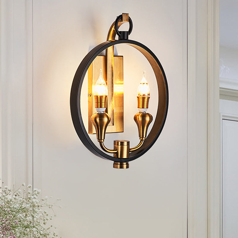 Black Ring Sconce Lighting Farmhouse Style Metal 2 Heads Corridor Wall Mounted Lamp with Bare Bulb Black Clearhalo 'Wall Lamps & Sconces' 'Wall Lights' Lighting' 273100