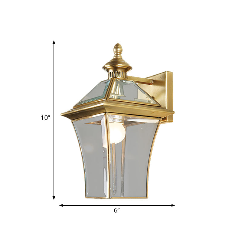 Traditional Lantern Sconce Light 1-Bulb Metal Wall Lighting Fixture in Gold for Outdoor Clearhalo 'Wall Lamps & Sconces' 'Wall Lights' Lighting' 273150