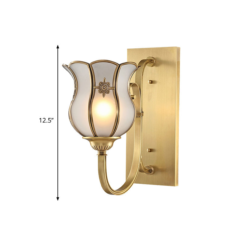 1-Head Metal Wall Light Traditionalism Brass Flower Living Room Wall Sconce Lighting with Bevel Glass Shade Clearhalo 'Wall Lamps & Sconces' 'Wall Lights' Lighting' 273391