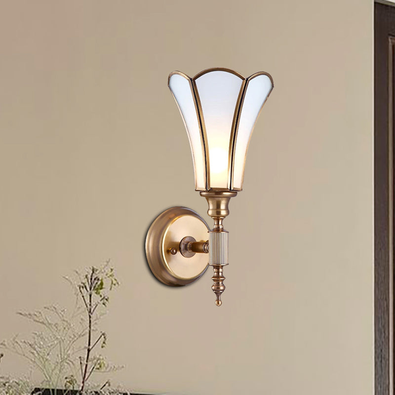 Brass 1-Light Wall Light Sconce Traditional Metal Flower Wall Mounted Lamp with Milk Bevel Glass Shade Brass Clearhalo 'Wall Lamps & Sconces' 'Wall Lights' Lighting' 273417