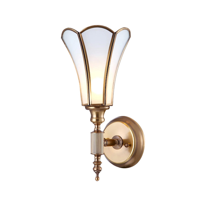 Brass 1-Light Wall Light Sconce Traditional Metal Flower Wall Mounted Lamp with Milk Bevel Glass Shade Clearhalo 'Wall Lamps & Sconces' 'Wall Lights' Lighting' 273420