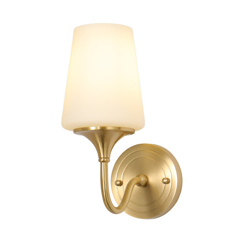 1/2-Bulb Cone Shade Wall Light Contemporary Style White Glass Wall Sconce Lighting in Brass for Bedroom Clearhalo 'Wall Lamps & Sconces' 'Wall Lights' Lighting' 273448