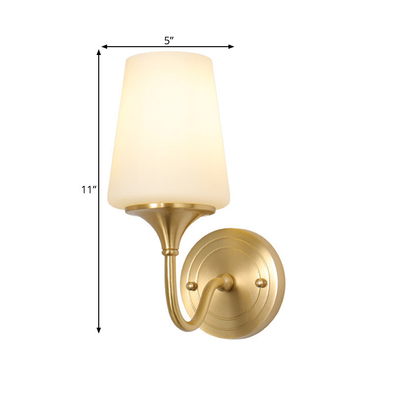 1/2-Bulb Cone Shade Wall Light Contemporary Style White Glass Wall Sconce Lighting in Brass for Bedroom Clearhalo 'Wall Lamps & Sconces' 'Wall Lights' Lighting' 273449