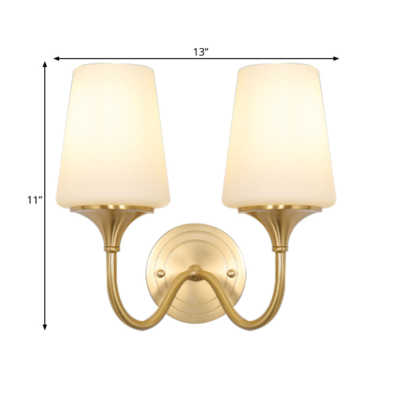 1/2-Bulb Cone Shade Wall Light Contemporary Style White Glass Wall Sconce Lighting in Brass for Bedroom Clearhalo 'Wall Lamps & Sconces' 'Wall Lights' Lighting' 273454