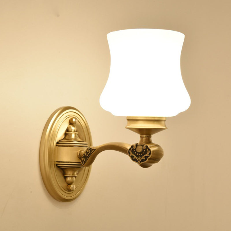 1/2-Head Wall Mount Lighting Vintage Style Bell Shade White Glass Sconce Lamp in Brass for Living Room Clearhalo 'Wall Lamps & Sconces' 'Wall Lights' Lighting' 273555