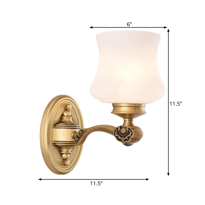 1/2-Head Wall Mount Lighting Vintage Style Bell Shade White Glass Sconce Lamp in Brass for Living Room Clearhalo 'Wall Lamps & Sconces' 'Wall Lights' Lighting' 273558