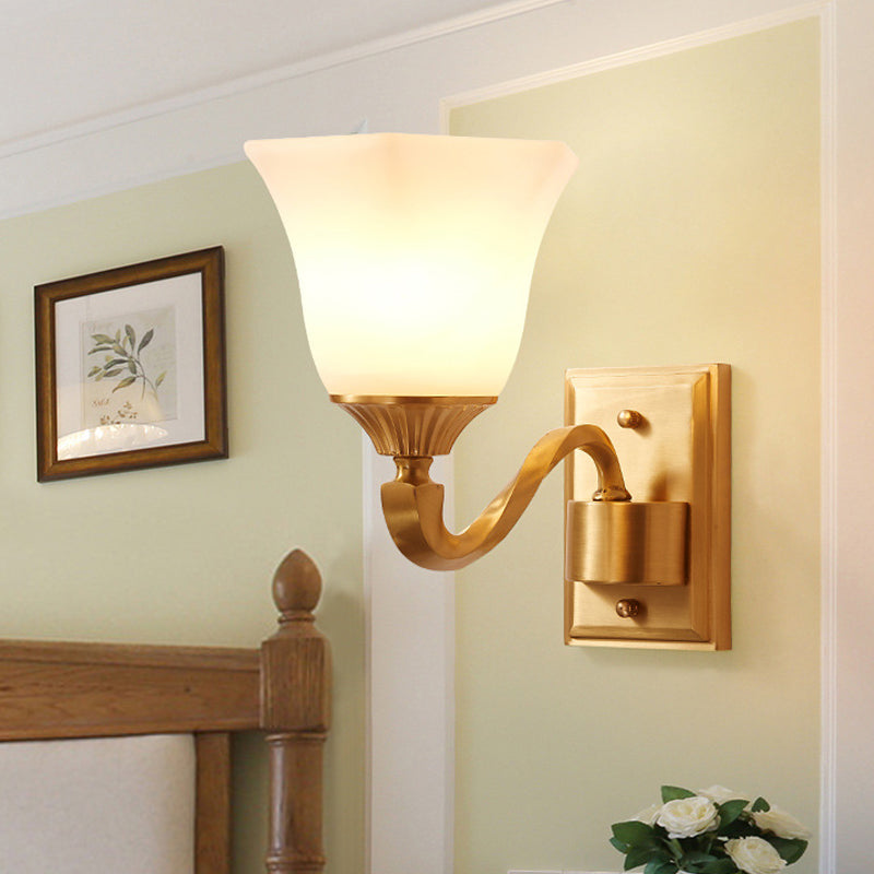 Brass Curved Arm Wall Light Modernism Style Metal 1/2-Light Bedside Wall Sconce Lamp with Opal Glass Bell Shade Clearhalo 'Wall Lamps & Sconces' 'Wall Lights' Lighting' 273617