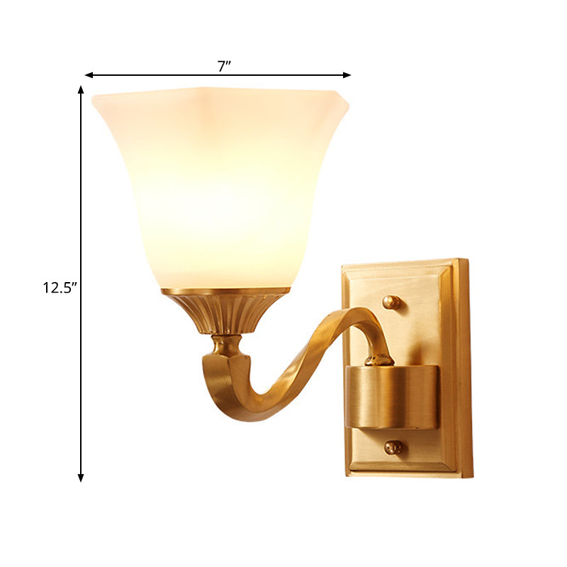 Brass Curved Arm Wall Light Modernism Style Metal 1/2-Light Bedside Wall Sconce Lamp with Opal Glass Bell Shade Clearhalo 'Wall Lamps & Sconces' 'Wall Lights' Lighting' 273620