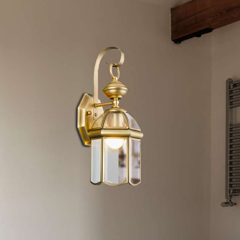 Brass 1-Light Wall Light Sconce Traditional Metal Lantern Wall Mounted Lamp with Clear Glass Shade Brass Clearhalo 'Wall Lamps & Sconces' 'Wall Lights' Lighting' 273682