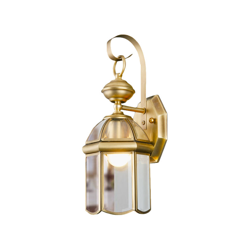 Brass 1-Light Wall Light Sconce Traditional Metal Lantern Wall Mounted Lamp with Clear Glass Shade Clearhalo 'Wall Lamps & Sconces' 'Wall Lights' Lighting' 273685