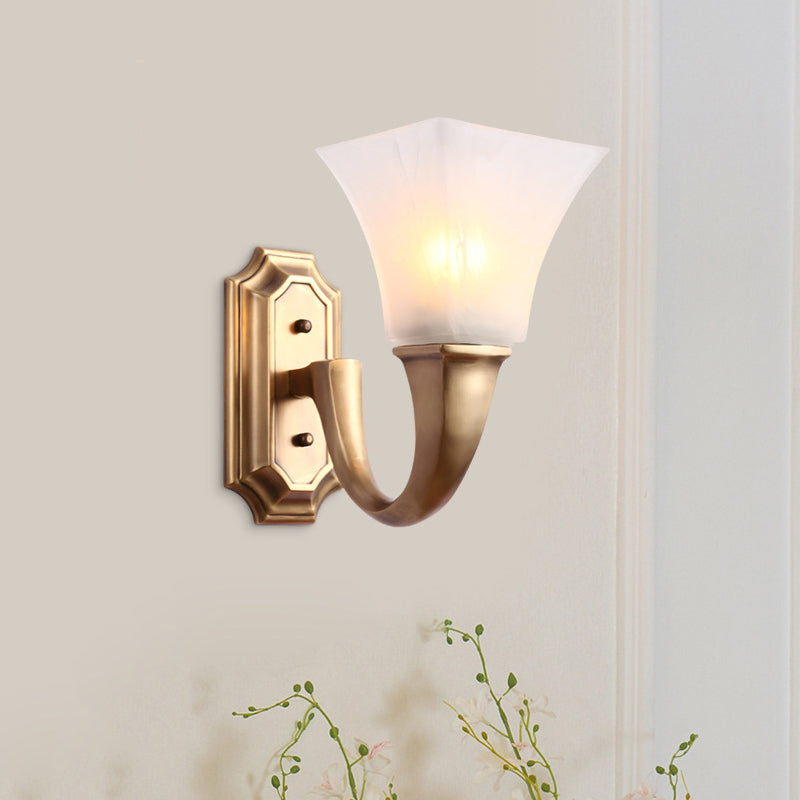 1 Bulb Sconce Light Fixture with Flared Shade Frosted Glass Vintage Style Bedroom Wall Mount Lamp in Gold Clearhalo 'Wall Lamps & Sconces' 'Wall Lights' Lighting' 273765