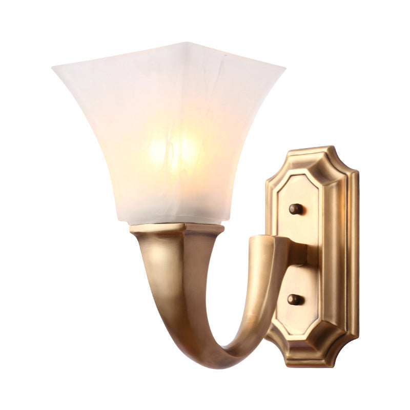 1 Bulb Sconce Light Fixture with Flared Shade Frosted Glass Vintage Style Bedroom Wall Mount Lamp in Gold Clearhalo 'Wall Lamps & Sconces' 'Wall Lights' Lighting' 273767