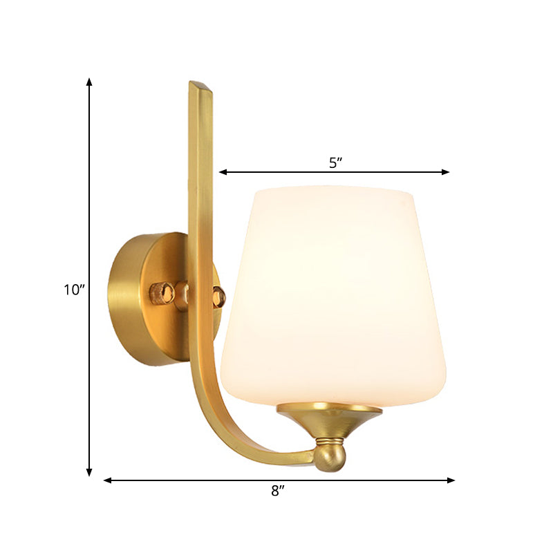 1 Bulb Sconce Lighting with Tapered Shade Milk Glass Modern Stylish Bedroom Wall Lamp in Brass Clearhalo 'Wall Lamps & Sconces' 'Wall Lights' Lighting' 273775