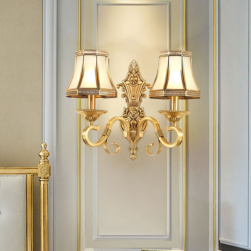 Brass Cone Wall Lamp Traditionalist Metal 1/2 Lights Bedroom Wall Mount Lighting with Beveled Glass Panel Clearhalo 'Wall Lamps & Sconces' 'Wall Lights' Lighting' 274496