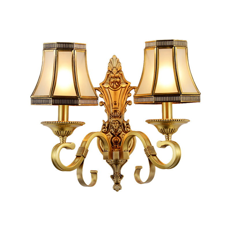 Brass Cone Wall Lamp Traditionalist Metal 1/2 Lights Bedroom Wall Mount Lighting with Beveled Glass Panel Clearhalo 'Wall Lamps & Sconces' 'Wall Lights' Lighting' 274498