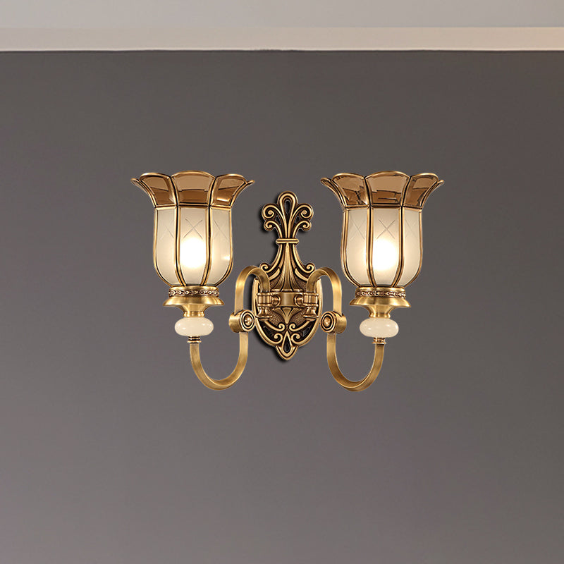 Flower Metal Wall Sconce Traditional Brass 1/2-Bulb Living Room Wall Lighting Fixture Clearhalo 'Wall Lamps & Sconces' 'Wall Lights' Lighting' 274958