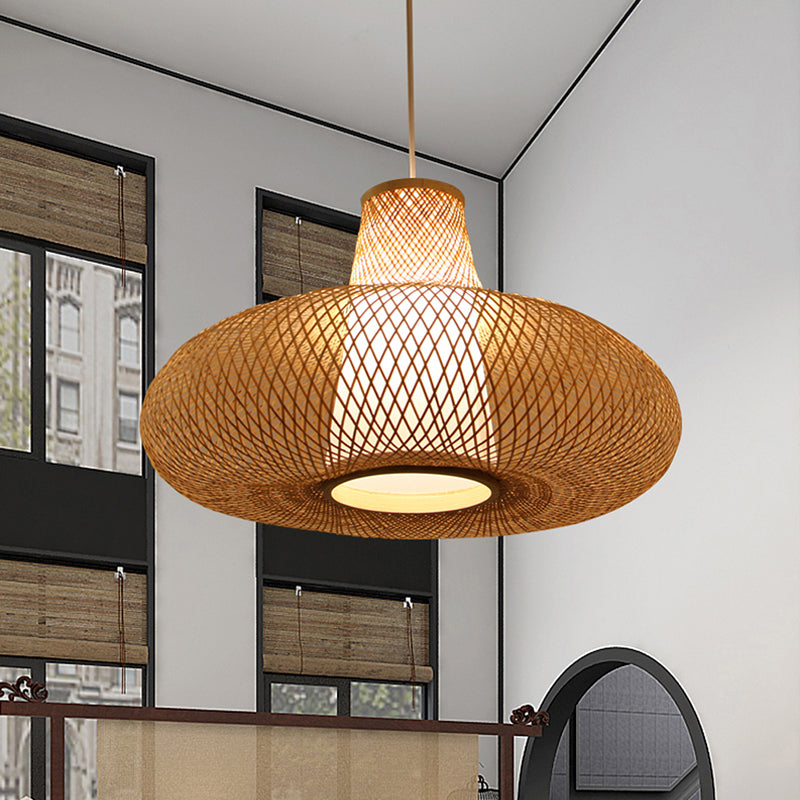 Weave Suspension Pendant Contemporary Bamboo 1 Bulb Wood Hanging Light Kit, 16