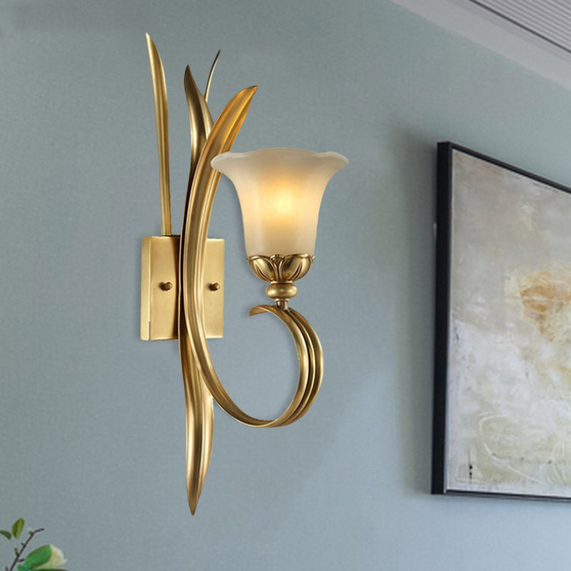 Brass Finish 1/2-Light Wall Mount Lamp Vintage Style Frosted Glass Flared Shade Wall Lighting for Hallway Clearhalo 'Wall Lamps & Sconces' 'Wall Lights' Lighting' 275253