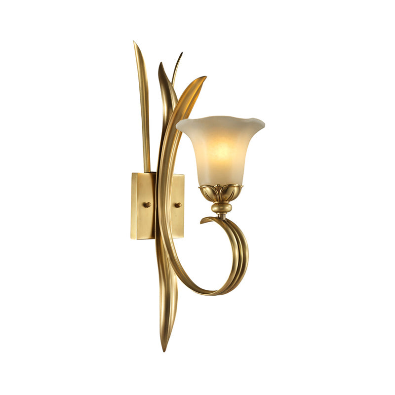 Brass Finish 1/2-Light Wall Mount Lamp Vintage Style Frosted Glass Flared Shade Wall Lighting for Hallway Clearhalo 'Wall Lamps & Sconces' 'Wall Lights' Lighting' 275255