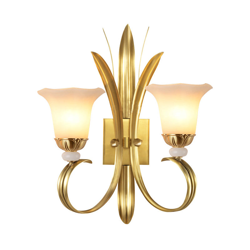 Brass Finish 1/2-Light Wall Mount Lamp Vintage Style Frosted Glass Flared Shade Wall Lighting for Hallway Clearhalo 'Wall Lamps & Sconces' 'Wall Lights' Lighting' 275260