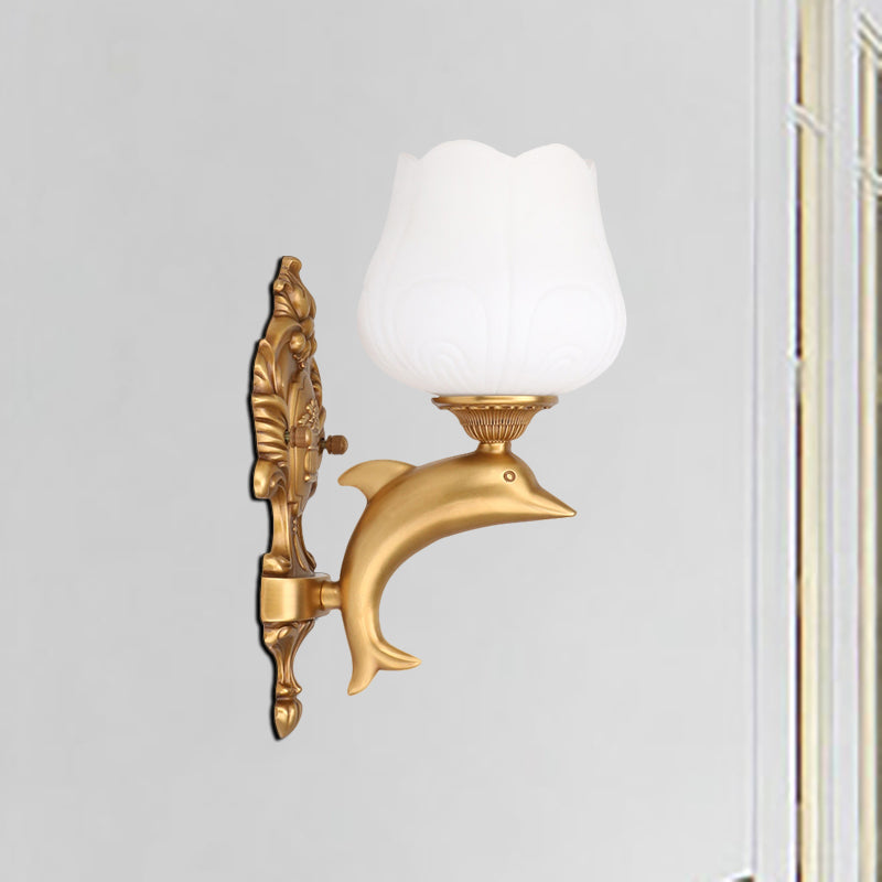 1 Bulb Petal Wall Lighting Fixture Vintage Style White Glass Wall Light with Golden Dolphin Deco Gold Clearhalo 'Wall Lamps & Sconces' 'Wall Lights' Lighting' 275350