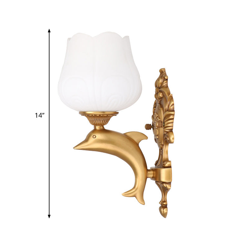 1 Bulb Petal Wall Lighting Fixture Vintage Style White Glass Wall Light with Golden Dolphin Deco Clearhalo 'Wall Lamps & Sconces' 'Wall Lights' Lighting' 275354
