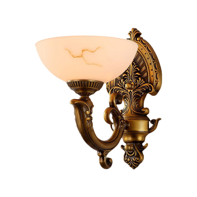 Antique Brass 1/2-Bulb Wall Mount Lighting Colonial Style Frosted Glass Bowl Shade Wall Lamp Clearhalo 'Wall Lamps & Sconces' 'Wall Lights' Lighting' 276072