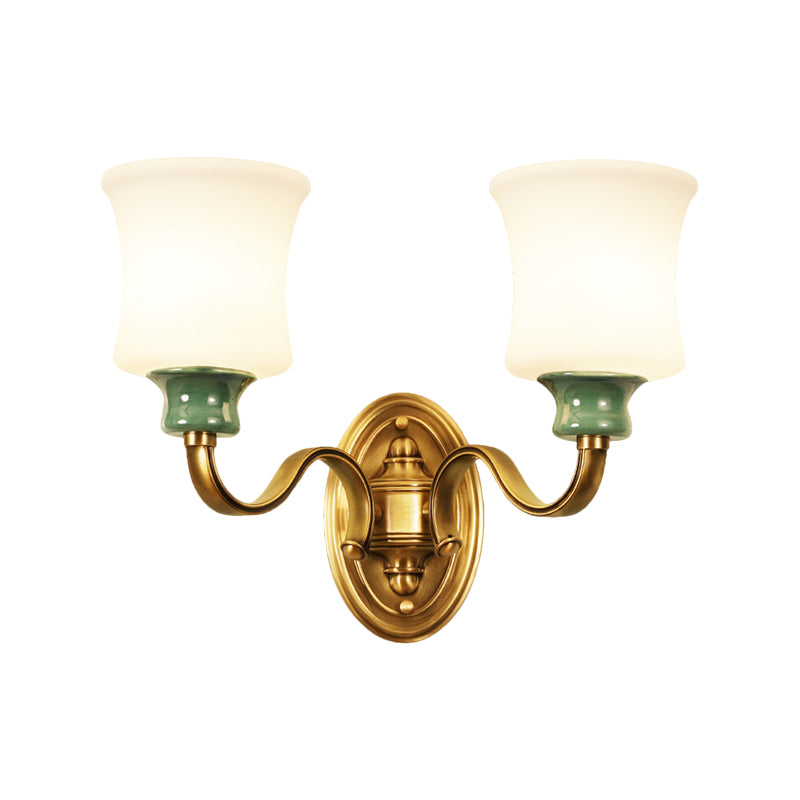 Metal Gold Finish Wall Sconce Bell 1/2-Bulb Vintage Style Wall Light Fixture with Milky Glass Shade Clearhalo 'Wall Lamps & Sconces' 'Wall Lights' Lighting' 276096