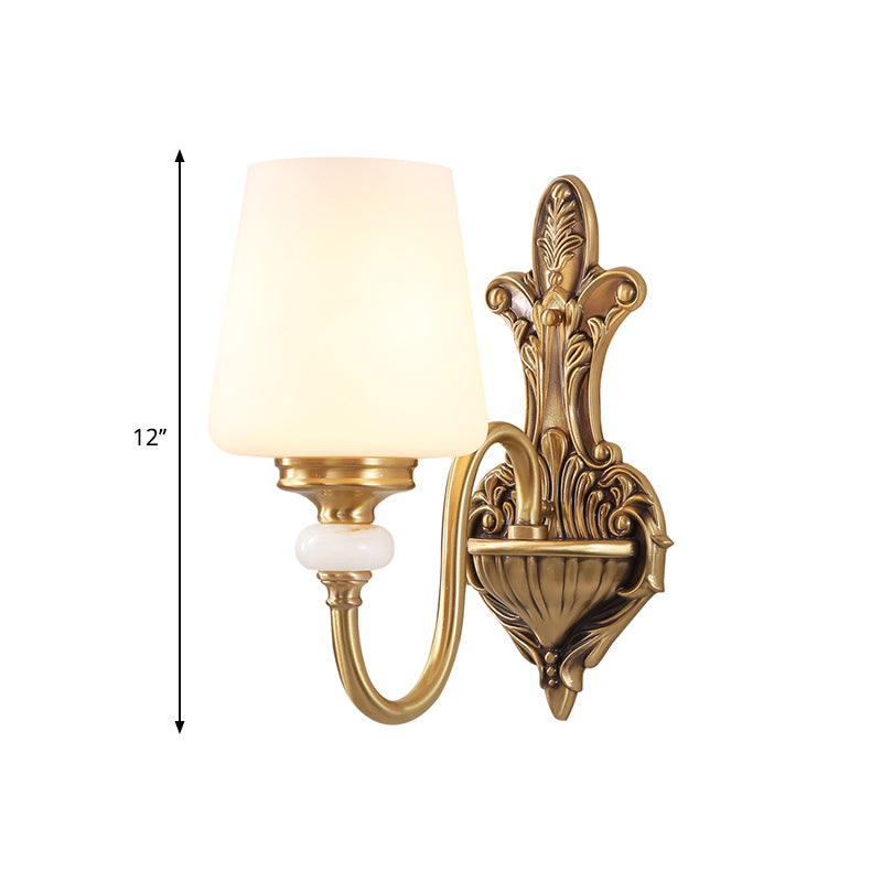 Opal Glass Tapered Sconce Light Vintage Stylish 1/2-Light Bedroom Wall Mounted Light with Golden Gooseneck Arm Clearhalo 'Wall Lamps & Sconces' 'Wall Lights' Lighting' 276153