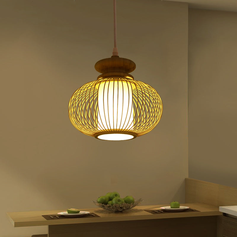 Urn Pendant Lighting Tradition Bamboo 1 Bulb Black/Wood Hanging Lamp Kit for Bedroom, 10