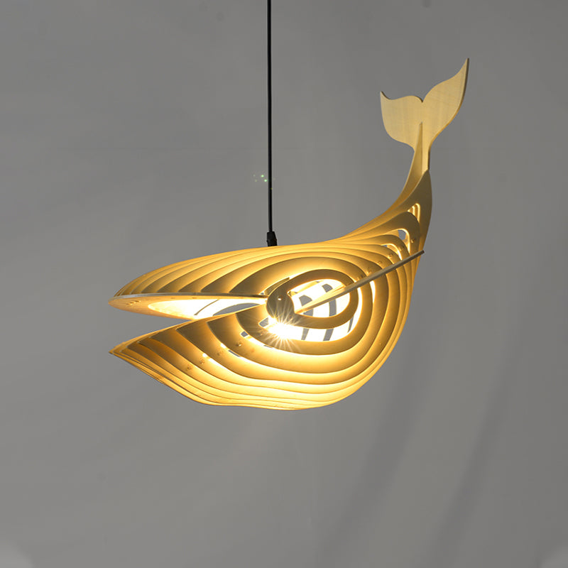 Whale Suspension Pendant Contemporary Wood 1 Bulb Beige Hanging Light Kit for Stairway Wood Clearhalo 'Ceiling Lights' 'Modern Pendants' 'Modern' 'Pendant Lights' 'Pendants' Lighting' 276348