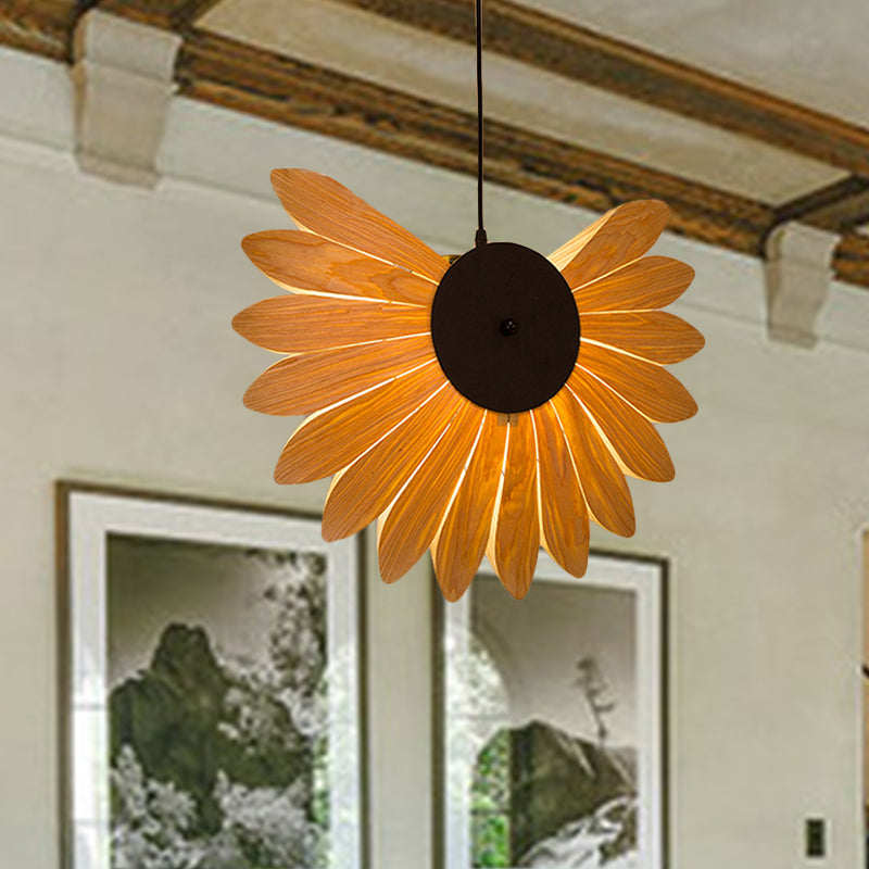 Beige Sunflower Pendant Lighting Modernism 1 Bulb Wood Hanging Light Fixture for Restaurant Wood Clearhalo 'Ceiling Lights' 'Modern Pendants' 'Modern' 'Pendant Lights' 'Pendants' Lighting' 276371