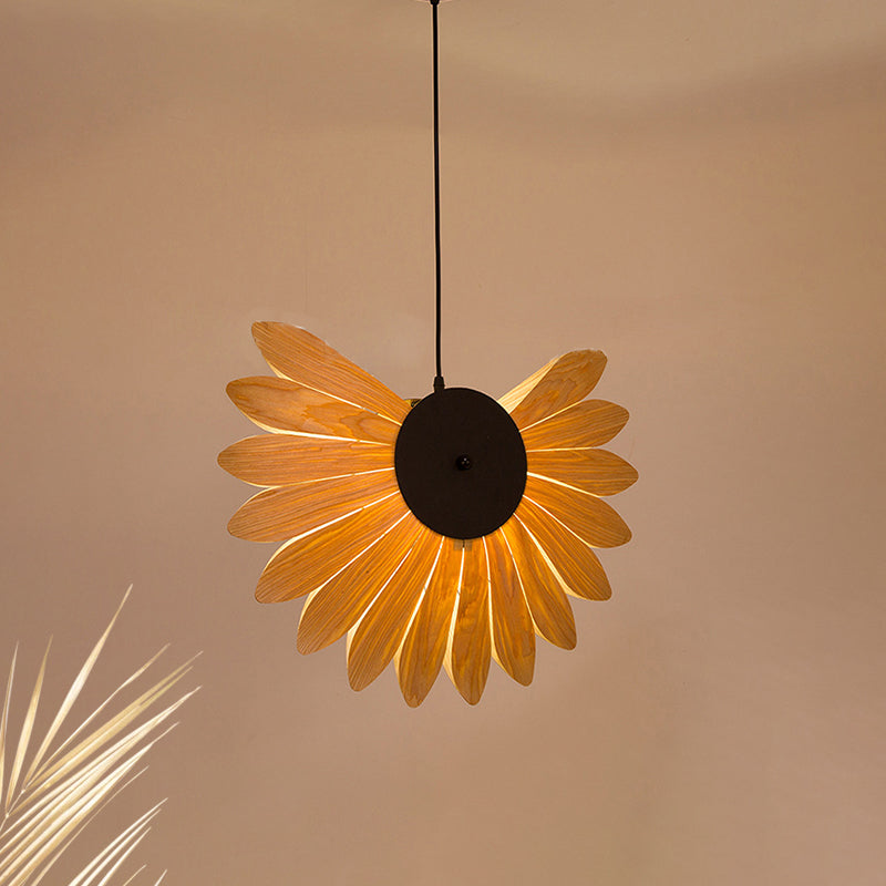 Beige Sunflower Pendant Lighting Modernism 1 Bulb Wood Hanging Light Fixture for Restaurant Clearhalo 'Ceiling Lights' 'Modern Pendants' 'Modern' 'Pendant Lights' 'Pendants' Lighting' 276372