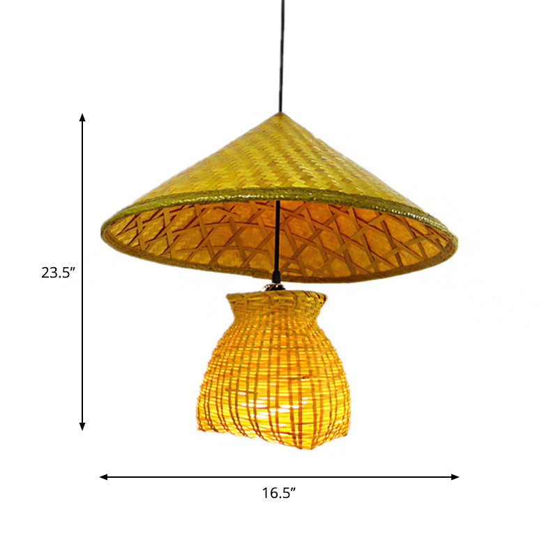 Bamboo Cone Suspension Pendant Traditional 1 Head Wood Hanging Ceiling Light with Basket Clearhalo 'Ceiling Lights' 'Modern Pendants' 'Modern' 'Pendant Lights' 'Pendants' Lighting' 276437