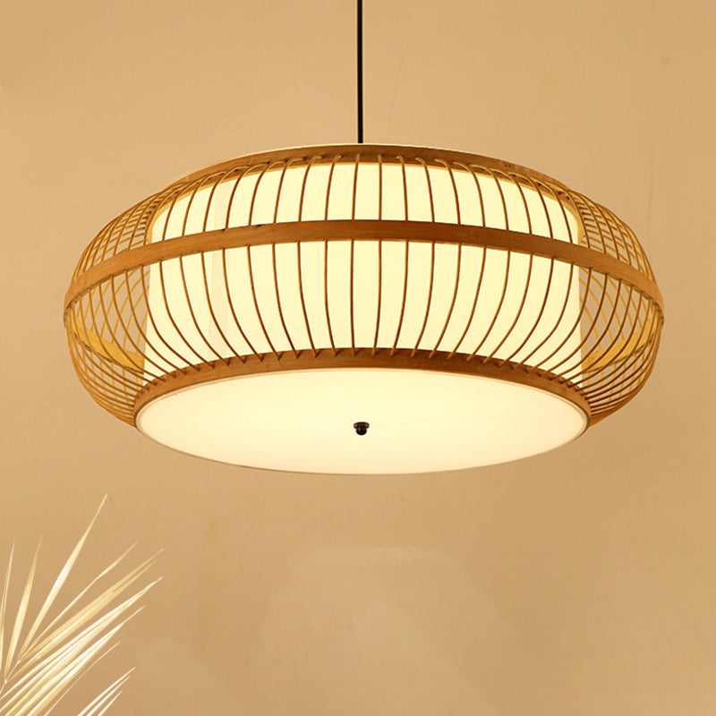 Rounded Drum Suspension Pendant Contemporary Bamboo 1 Bulb Wood Hanging Light Kit, 18