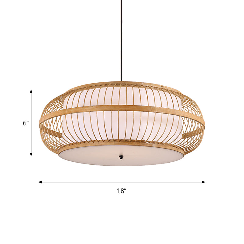 Rounded Drum Suspension Pendant Contemporary Bamboo 1 Bulb Wood Hanging Light Kit, 18