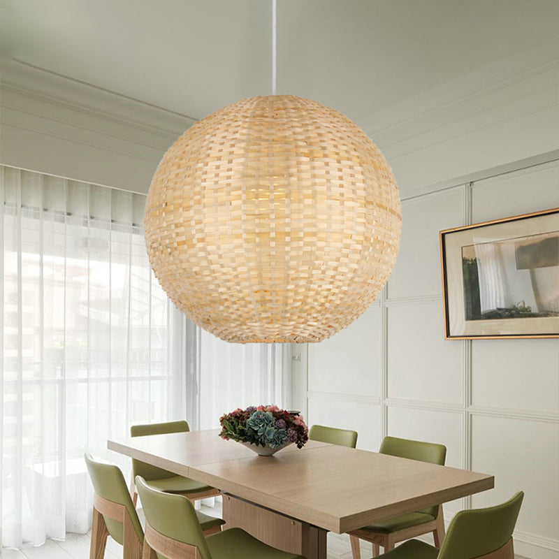 Sphere Suspension Pendant Contemporary Bamboo 1 Bulb Wood Hanging Light Kit, 16