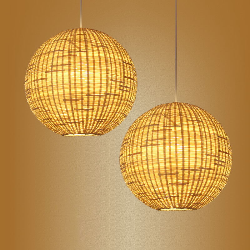 Sphere Suspension Pendant Contemporary Bamboo 1 Bulb Wood Hanging Light Kit, 16