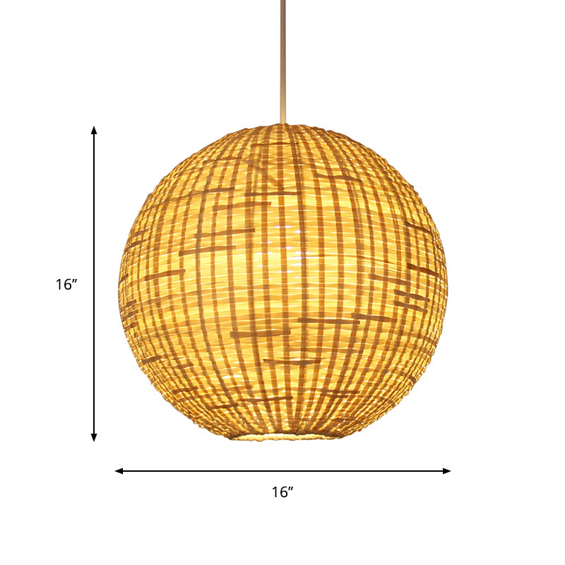 Sphere Suspension Pendant Contemporary Bamboo 1 Bulb Wood Hanging Light Kit, 16