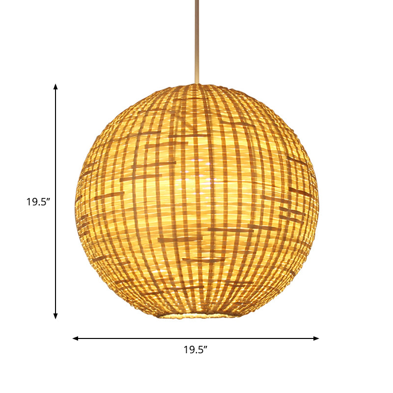 Sphere Suspension Pendant Contemporary Bamboo 1 Bulb Wood Hanging Light Kit, 16