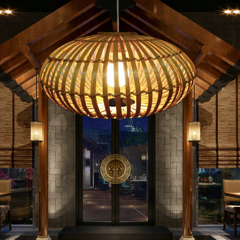 1 Bulb Restaurant Pendant Light Tradition Wood Hanging Lamp Kit with Donut Bamboo Shade Clearhalo 'Ceiling Lights' 'Modern Pendants' 'Modern' 'Pendant Lights' 'Pendants' Lighting' 276689