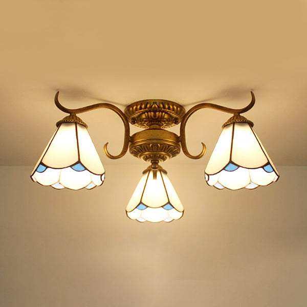 3 Lights Bowl Semi Flushmount Stained Glass Vintage Ceiling Light in Beige/Yellow/Purple/Clear/Blue-Pink/Blue-White/Green-White for Bedroom Blue-White Clearhalo 'Ceiling Lights' 'Close To Ceiling Lights' 'Close to ceiling' 'Glass shade' 'Glass' 'Semi-flushmount' 'Tiffany close to ceiling' 'Tiffany' Lighting' 27675