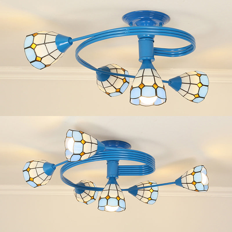 Blue Bowl Flush Ceiling Light Mediterranean Stained Glass 4/6 Lights Flushmount for Bedroom Clearhalo 'Ceiling Lights' 'Chandeliers' 'Close To Ceiling Lights' 'Close to ceiling' 'Glass shade' 'Glass' 'Pendant Lights' 'Semi-flushmount' 'Tiffany close to ceiling' 'Tiffany' Lighting' 27720