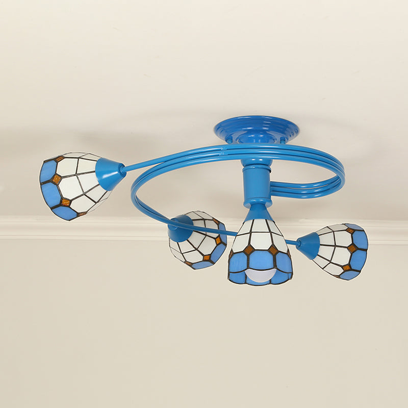 Blue Bowl Flush Ceiling Light Mediterranean Stained Glass 4/6 Lights Flushmount for Bedroom Clearhalo 'Ceiling Lights' 'Chandeliers' 'Close To Ceiling Lights' 'Close to ceiling' 'Glass shade' 'Glass' 'Pendant Lights' 'Semi-flushmount' 'Tiffany close to ceiling' 'Tiffany' Lighting' 27722