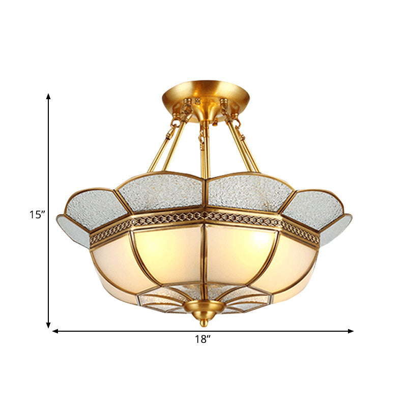 Traditional Scalloped Semi-Flush Light Fixture 4/6 Bulbs Metal Ceiling Mount in Brass for Bedroom, 18