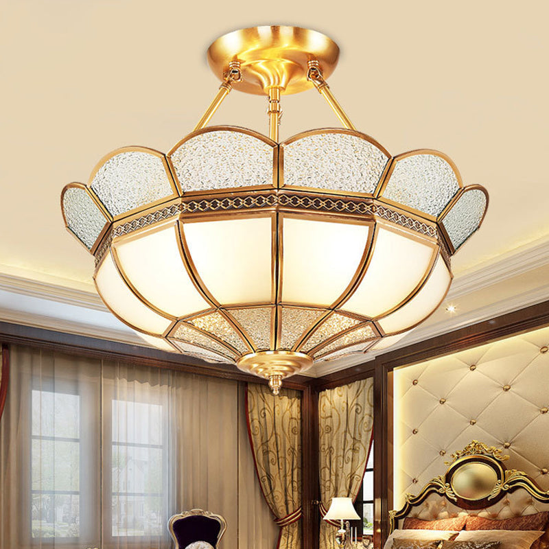 Traditional Scalloped Semi-Flush Light Fixture 4/6 Bulbs Metal Ceiling Mount in Brass for Bedroom, 18