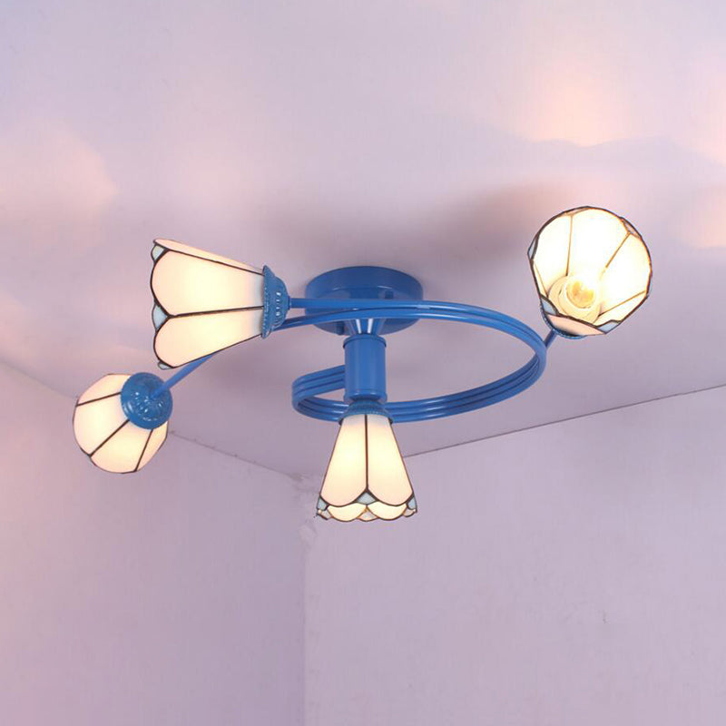 4 Lights Cone Semi Flush Light Tiffany Style Stained Glass Ceiling Light in White/Blue for Living Room White Clearhalo 'Ceiling Lights' 'Close To Ceiling Lights' 'Glass shade' 'Glass' 'Semi-flushmount' 'Tiffany close to ceiling' 'Tiffany' Lighting' 27733_29192987-c8a6-4df0-a4c8-2890e2caed51